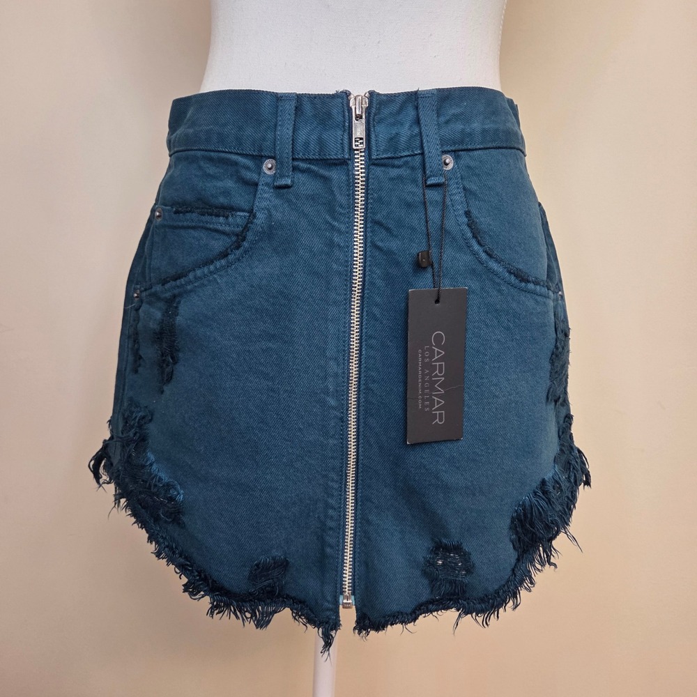NWT‎ $188 Carmar Denim Beatrice Distressed Mini Skirt Teal Blue Front Zip 28